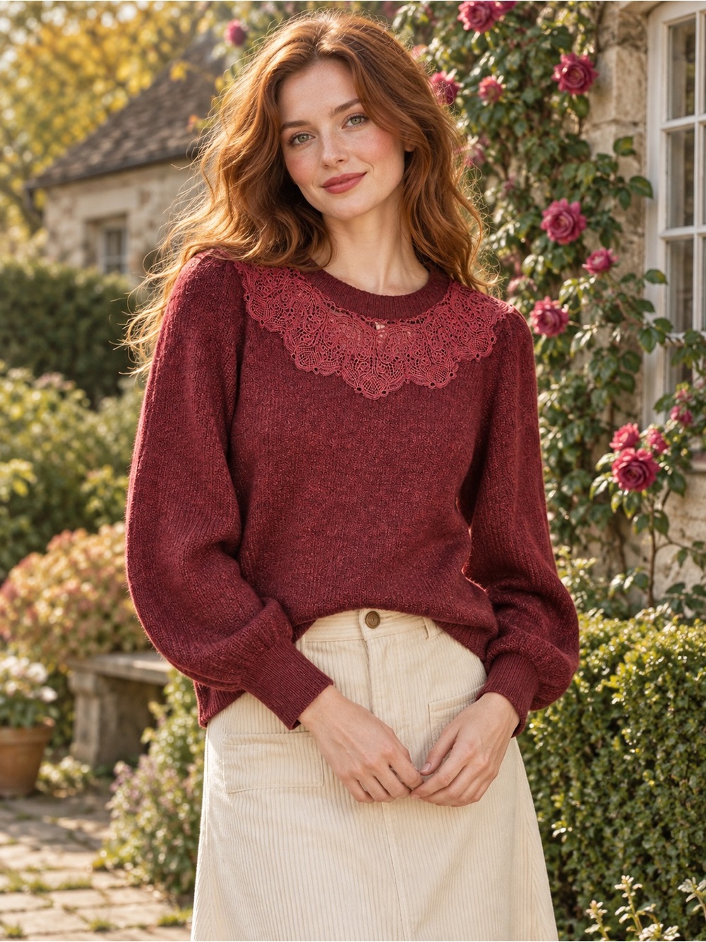 Saylor Burgundy Lace Yoke Puff Sleeve Knit Sweater Small Boho Romantic